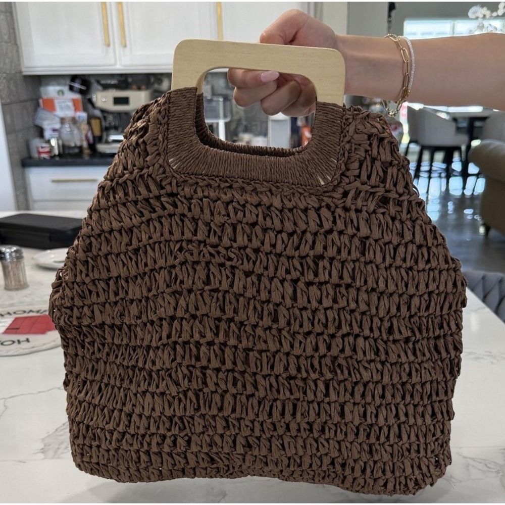 Top Handle Bag Womens Large Brown Straw Wooden Handle Beach Handbag Purse Summer